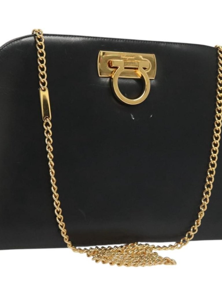 Salvatore Ferragamo Gancini Chain Shoulder Bag Leather Black Gold Auth 120975